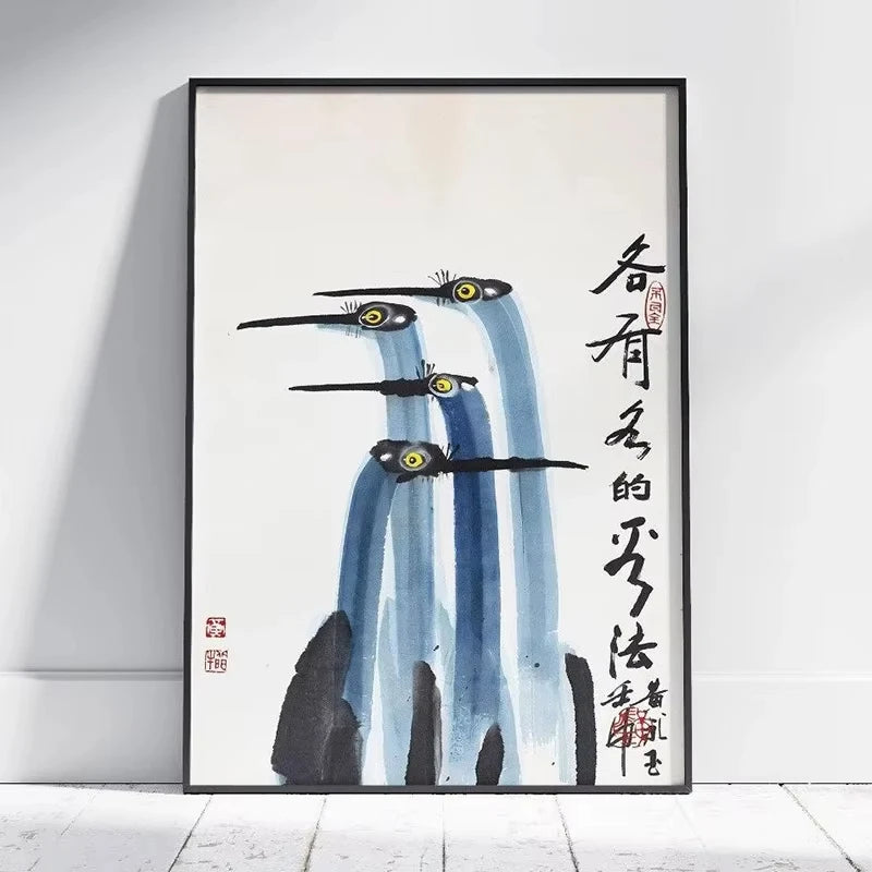 Japanese crane canvas wall art featuring three stylized cranes in blue and black ink on white paper