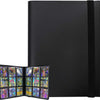 A black trading card storage binder with a black spine and clear protective sleeves visible on the open front.