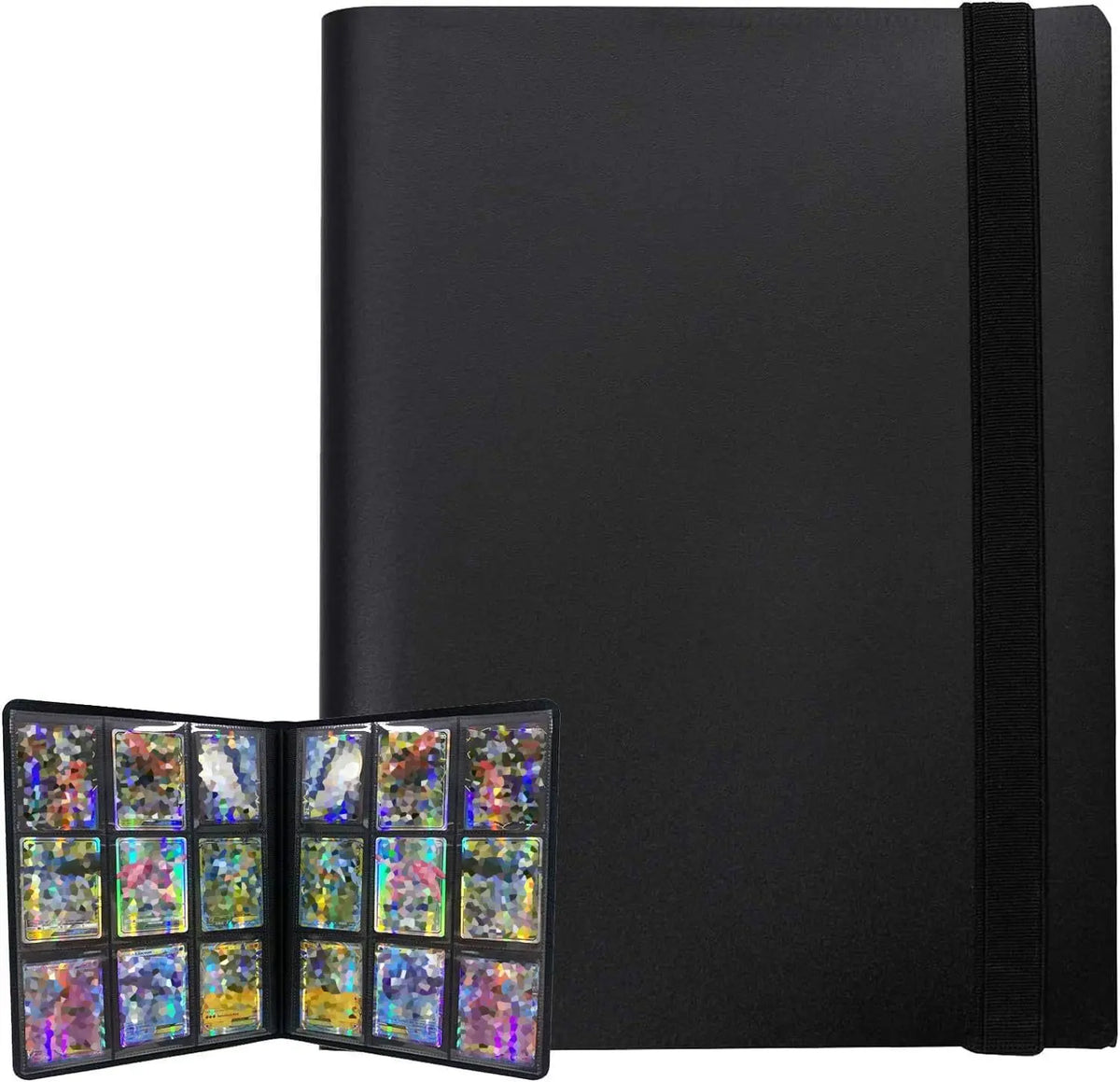A black trading card storage binder with a black spine and clear protective sleeves visible on the open front.