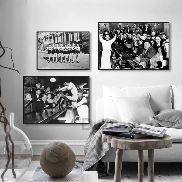 Black and white wall art featuring a vintage print of a Prohibition-era beer scene.