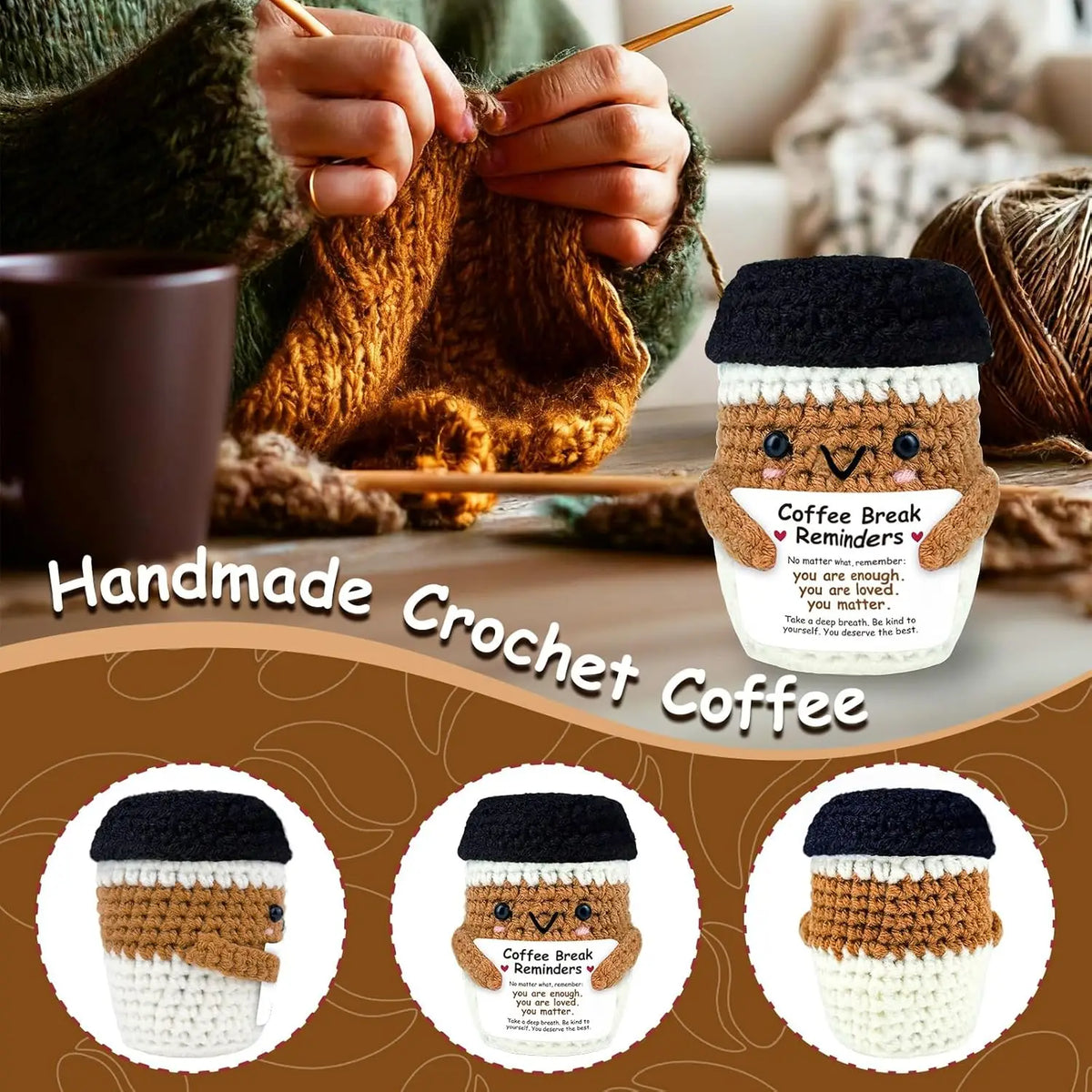 Handmade crochet coffee cup cozy with a smiling doll decoration shown in various views.