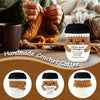 Handmade crochet coffee cup cozy with a smiling doll decoration shown in various views.