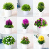 Collection de bonsaïs artificiels de différentes nuances de vert et de violet dans des pots blancs.