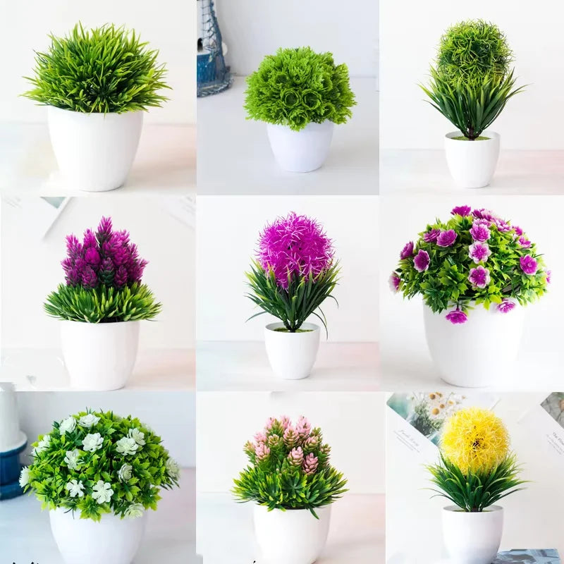 Collection de bonsaïs artificiels de différentes nuances de vert et de violet dans des pots blancs.