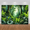 A lush tropical jungle backdrop featuring vibrant green palm leaves and dense foliage.
