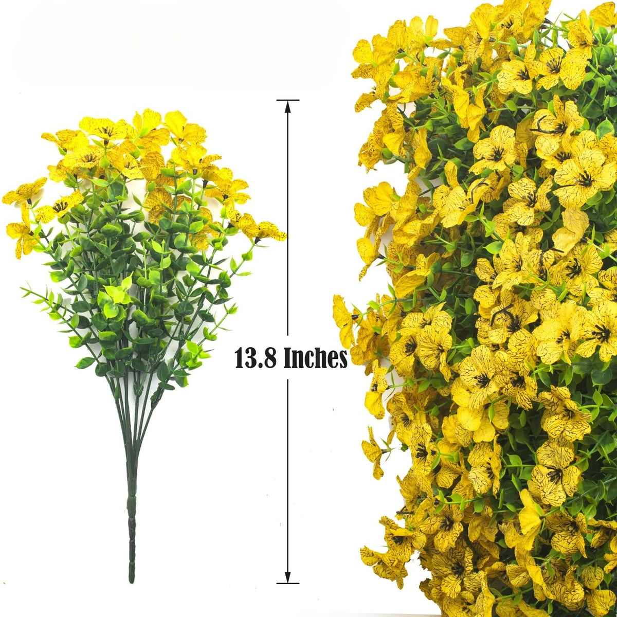 Dichte Anordnung leuchtend gelber künstlicher Frühlingsasterblumen zur Dekoration im Freien.