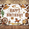 A rustic Wild West cowboy birthday backdrop featuring a desert scene with cacti, a wooden barrel, and a brown horse silhouett