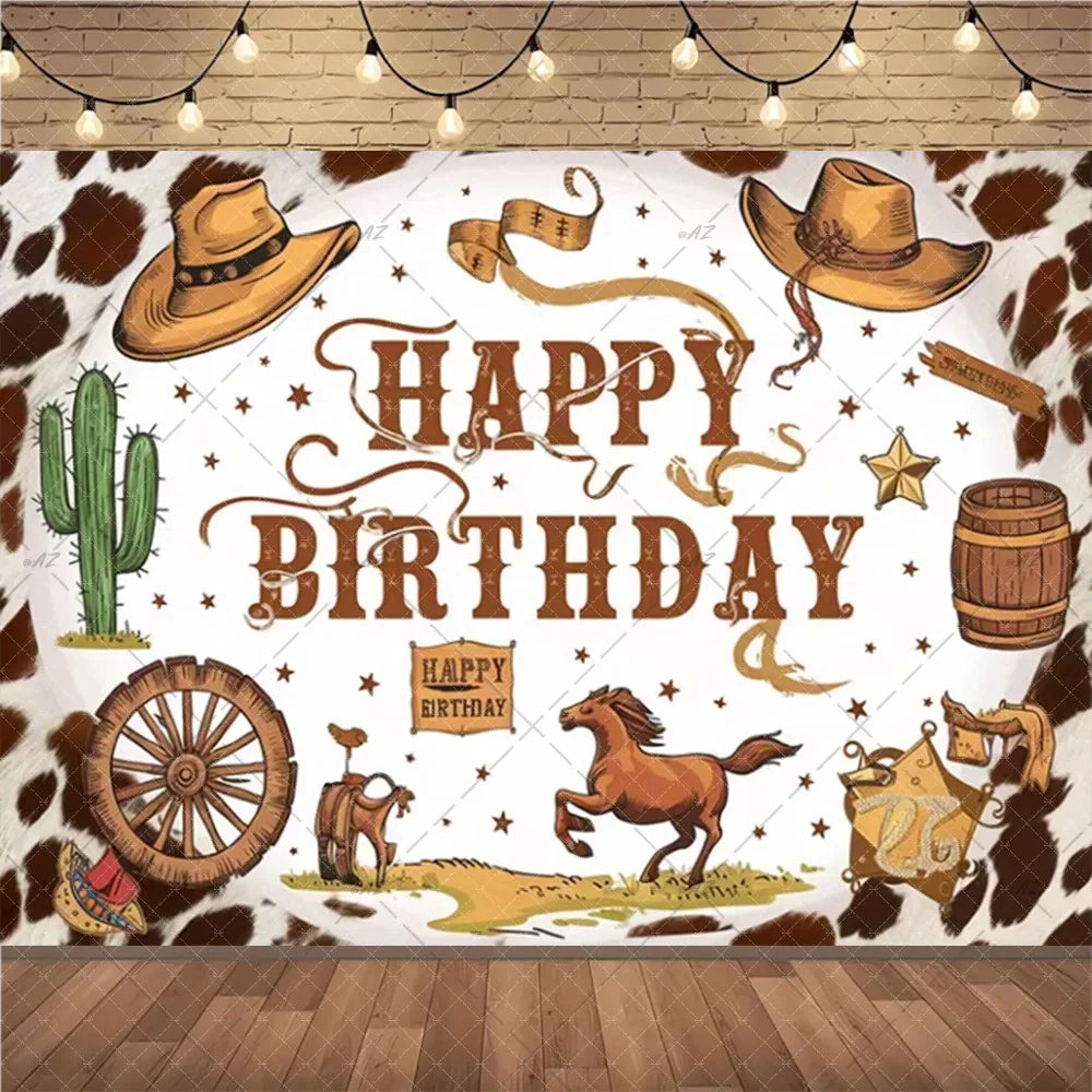 A rustic Wild West cowboy birthday backdrop featuring a desert scene with cacti, a wooden barrel, and a brown horse silhouett