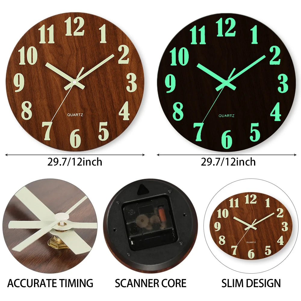 Un juego de relojes de pared de madera que muestran tiempo preciso, tecnología de escáner y diseño delgado.