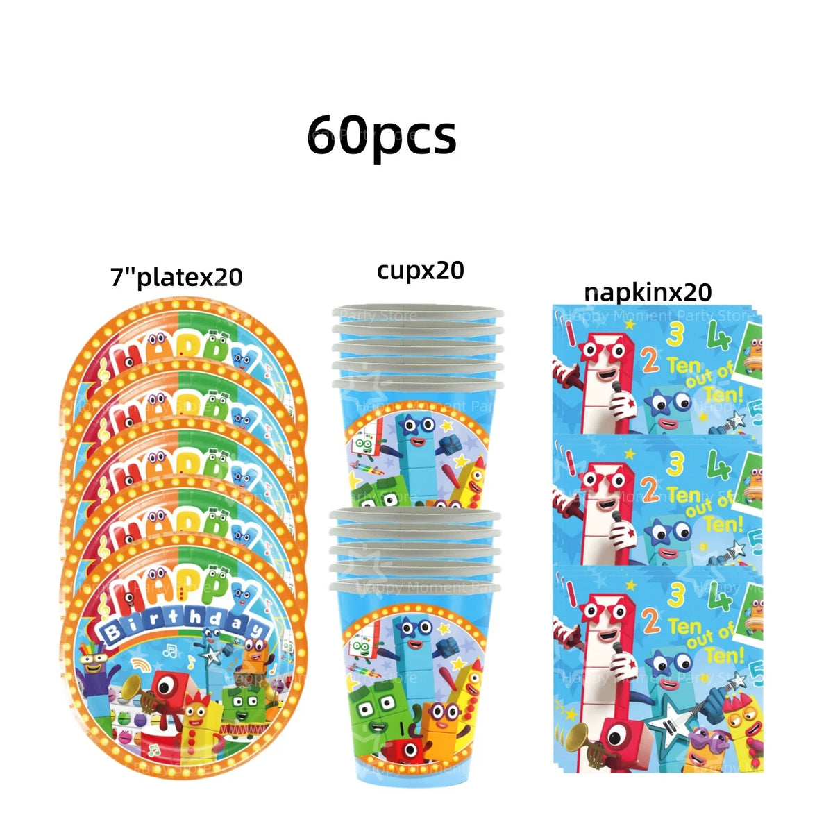 A set of 60 plastic birthday party decorations including plates, cups, and napkins featuring cartoon characters.