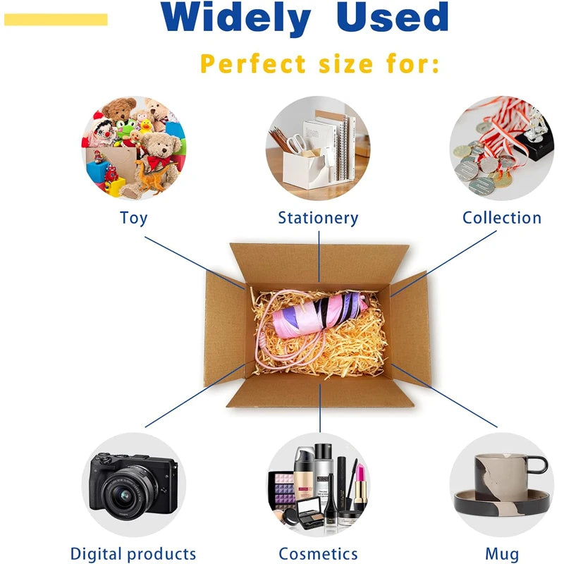 Sturdy corrugated cardboard boxes shown with various items like toys, stationery, digital products, cosmetics, and a mug.
