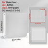 A white photo card binder with a cover, baffles, and inner pages shown next to its dimensions.