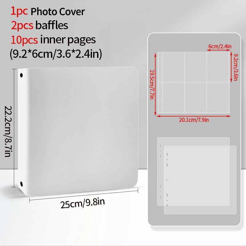 A white photo card binder with a cover, baffles, and inner pages shown next to its dimensions.