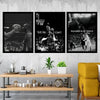Three panels of basketball motivational art featuring players and text on a gray concrete wall.