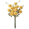 A bouquet of yellow silk chrysanthemum artificial flowers with green foliage.