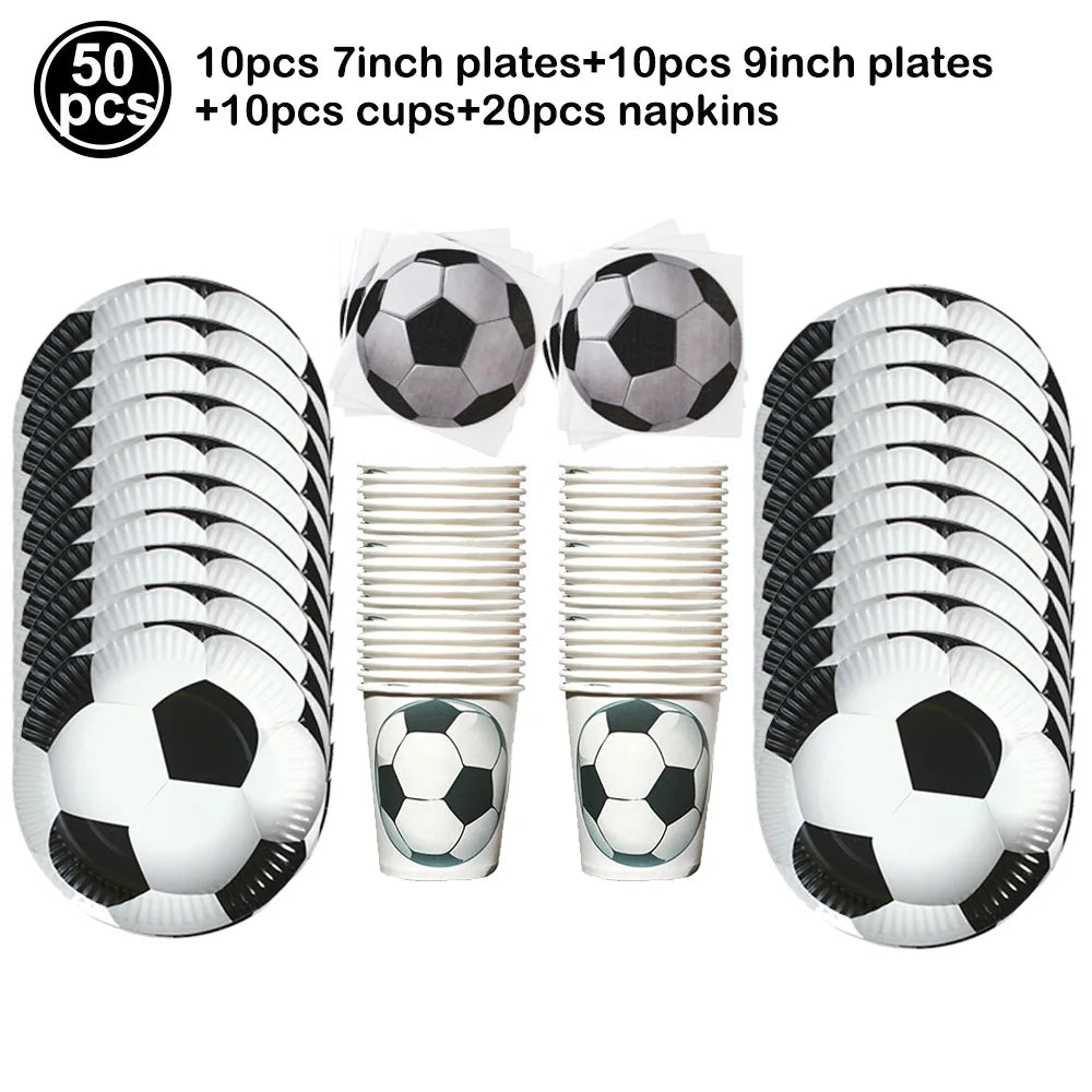 A set of soccer balls and plates including 7 inch and 9 inch plates, cups, and napkins for a party.