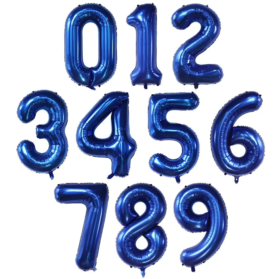 A set of large dark blue foil number balloons spelling out 0123456789 for party decor