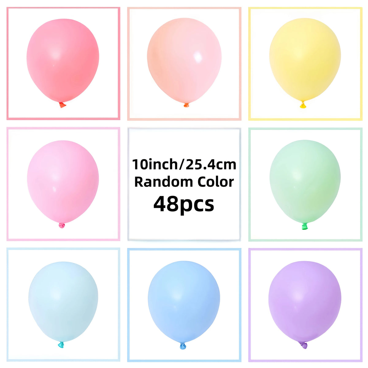 A collection of 48 pastel rainbow latex balloons in various colors including pink, yellow, green, and blue.