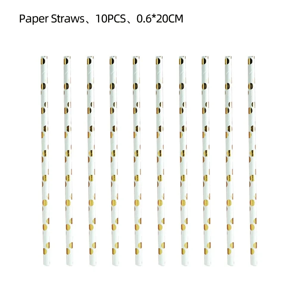 A set of ten paper straws with blue and gold stripes.