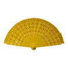Elegant yellow wooden hand fan with red polka dots, shown fully opened.