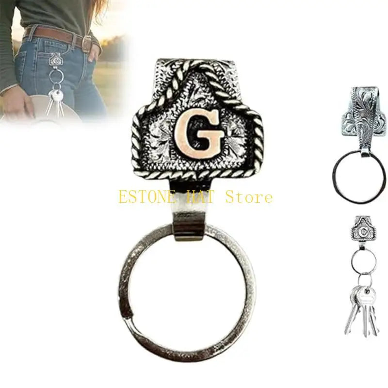 A silver and black Western metal belt keychain featuring a large engraved letter G and a quick-release clip.