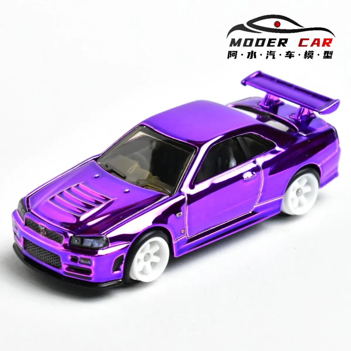 A diecast model of a Nissan GTR R34 sports car with an electroplated purple finish and a raised hood.