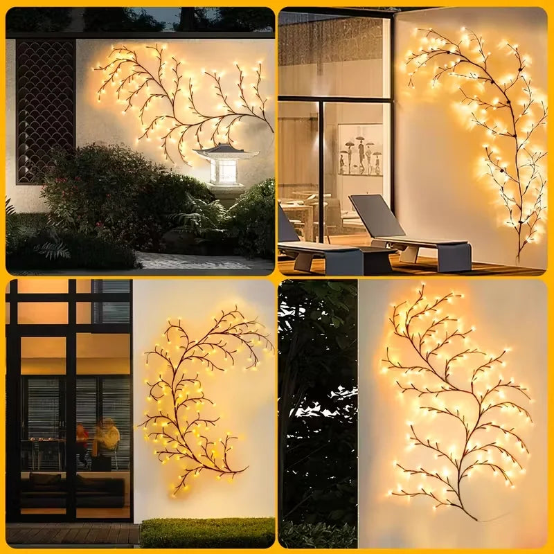 Warm yellow LED willow vine lights displayed in various outdoor and indoor settings for home decor