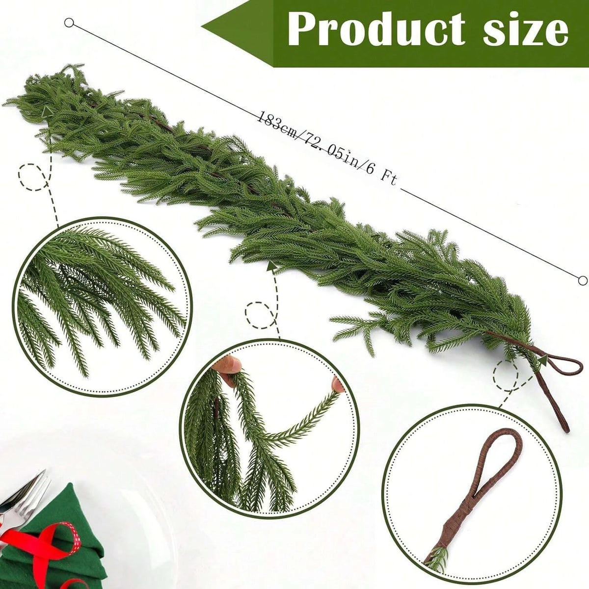 A long green artificial Norfolk pine Christmas garland with a brown hanger and close-up views of the foliage.