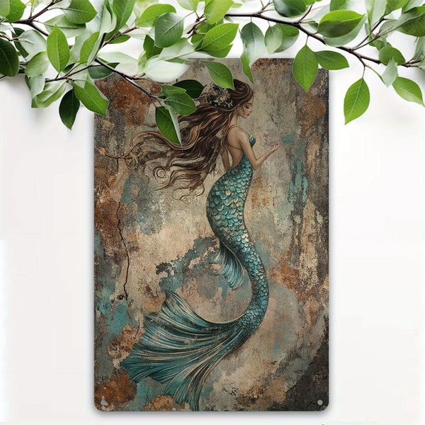Vintage mermaid metal wall art sign featuring a teal-colored mermaid with flowing hair against a distressed background.