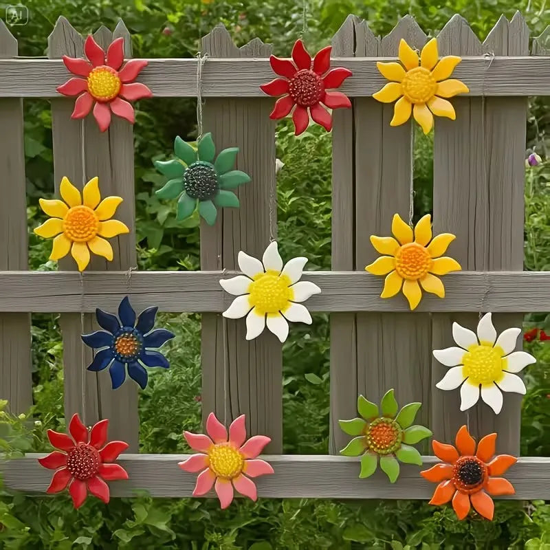 A set of metal flower wall decorations featuring various colorful, sculpted flowers hanging on a wooden fence.