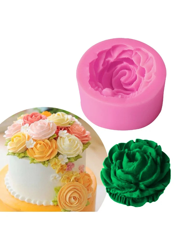A pink silicone mold shaped like a rose flower is shown next to a decorated cake.