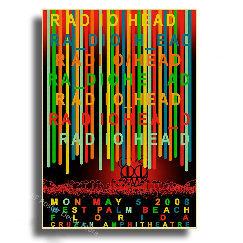 Poster featuring vertical stripes of red, green, and yellow with the text RADIOHEAD