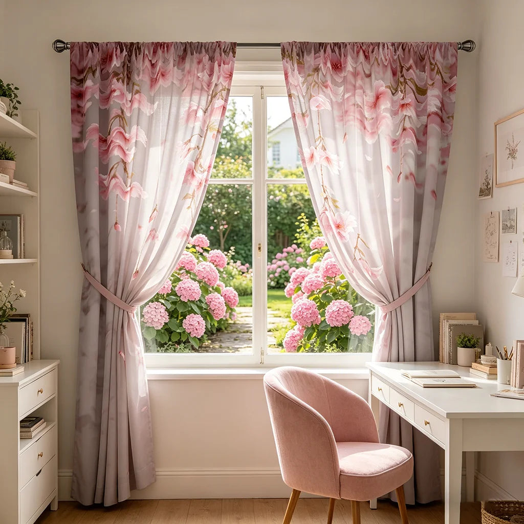 A pair of light pink sheer curtains with cherry blossom patterns hanging in a window.