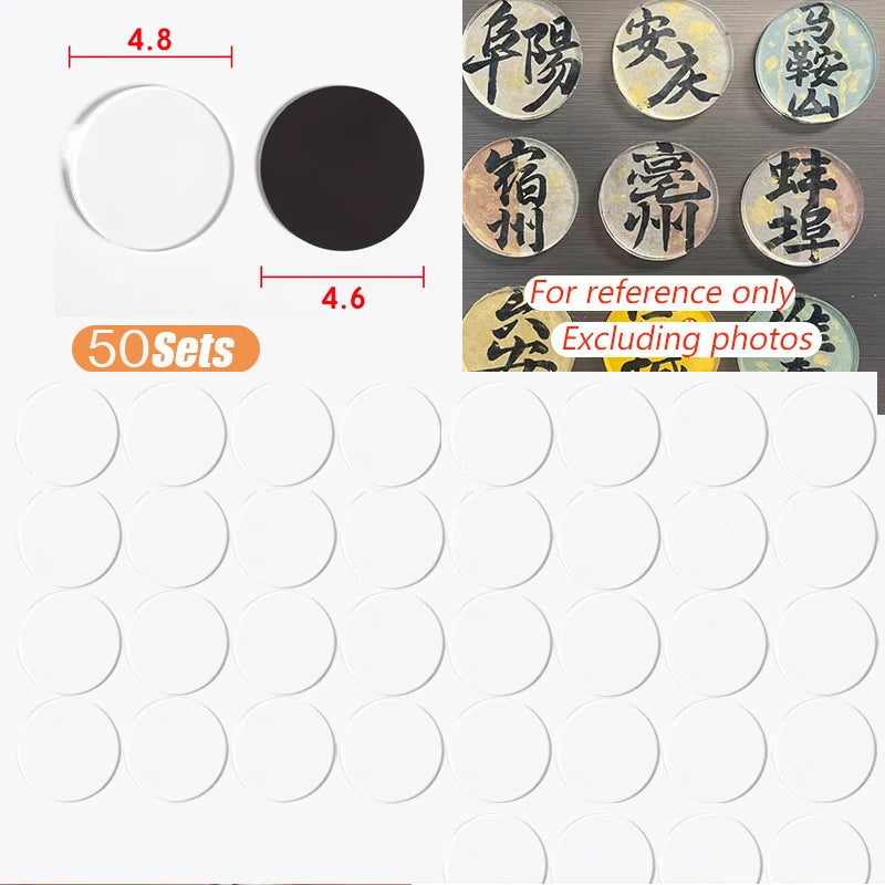 A set of 50 blank white circular magnets and several decorative round magnets for DIY custom fridge magnets.