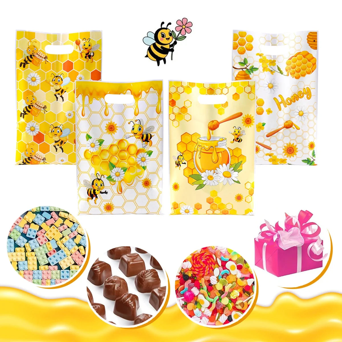 Yellow and white honeycomb patterned gift bags with handles filled with honey and bee designs