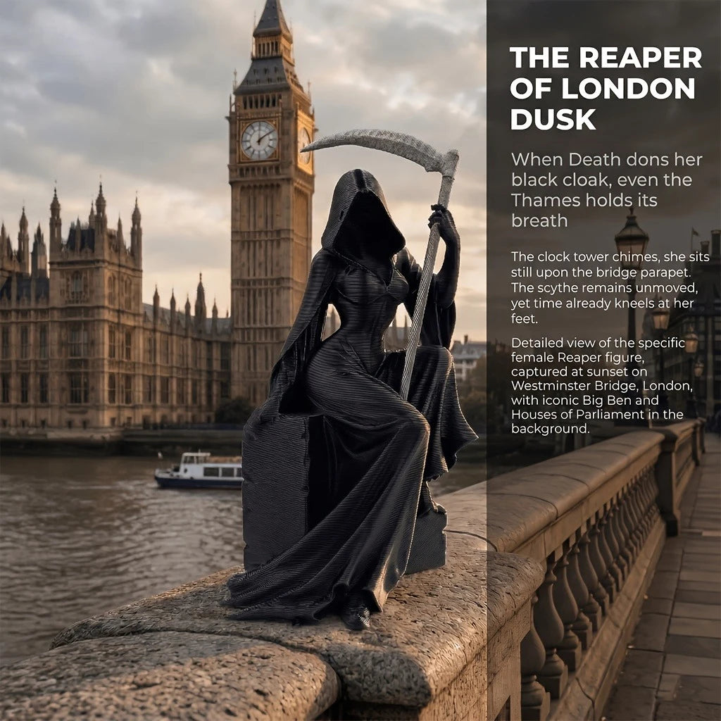 Eine dunkle, drapierte Statue einer Ernte- oder Reaper-Figur mit einer Sense sitzt auf einem Steinvorsprung am Themse.