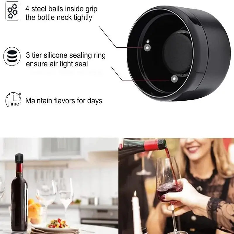 A close-up of a black reusable silicone wine bottle stopper with a rotating lock mechanism.