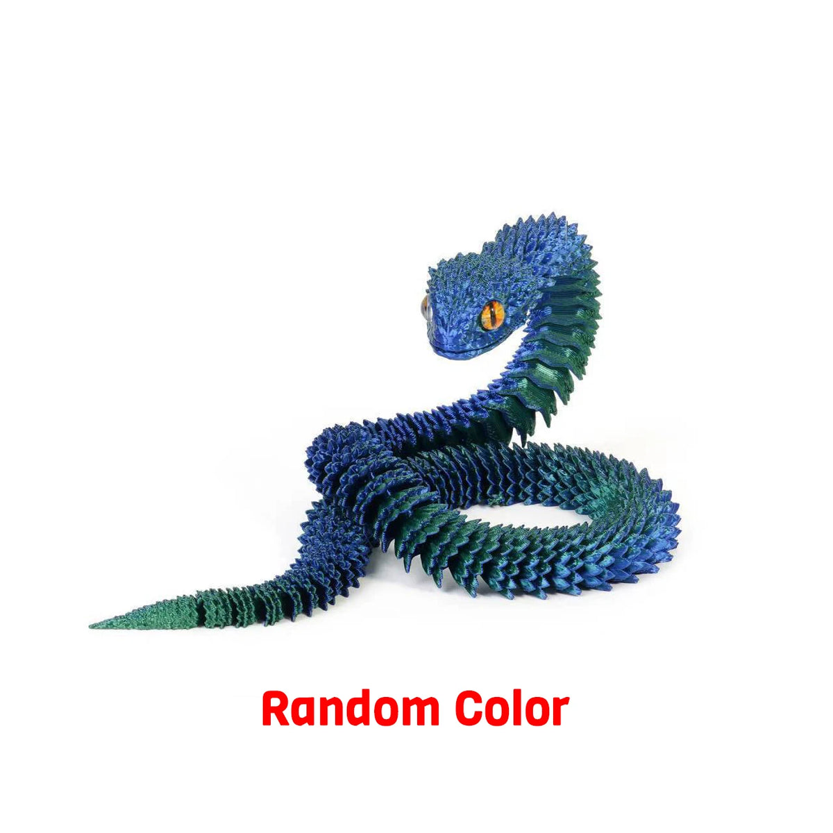 Blaues und grünes 3D-gedrucktes Schlangen-Fidget-Spielzeug, auf einer weißen Fläche.