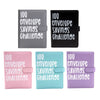 Four budget savings binders in gray, black, pink, and purple with the text 100 envelope savings challenge