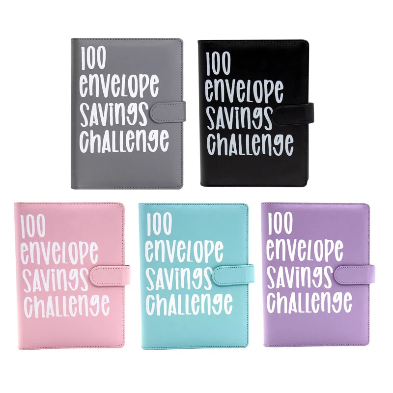 Four budget savings binders in gray, black, pink, and purple with the text 100 envelope savings challenge