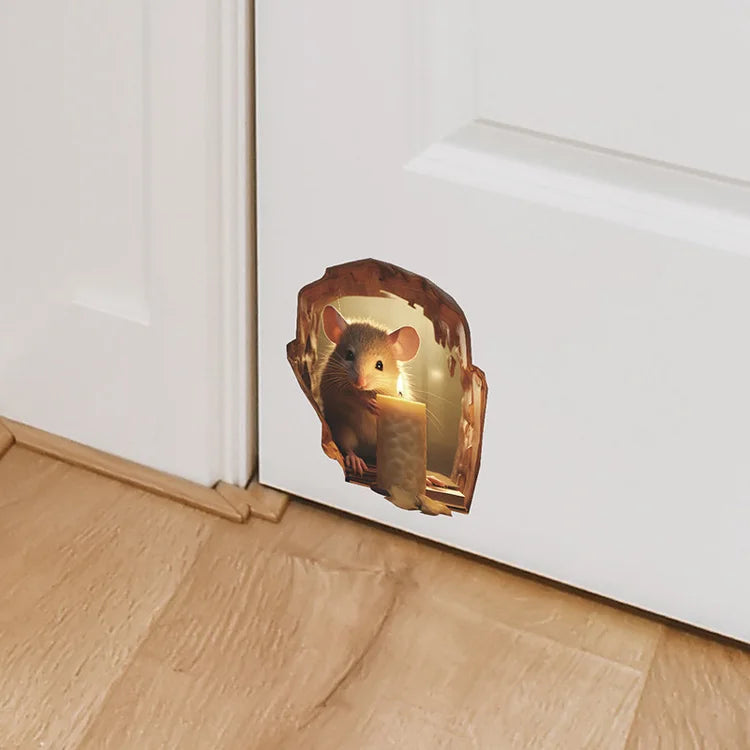A wall decal featuring a realistic mouse peering out from an oval frame on a white door frame.