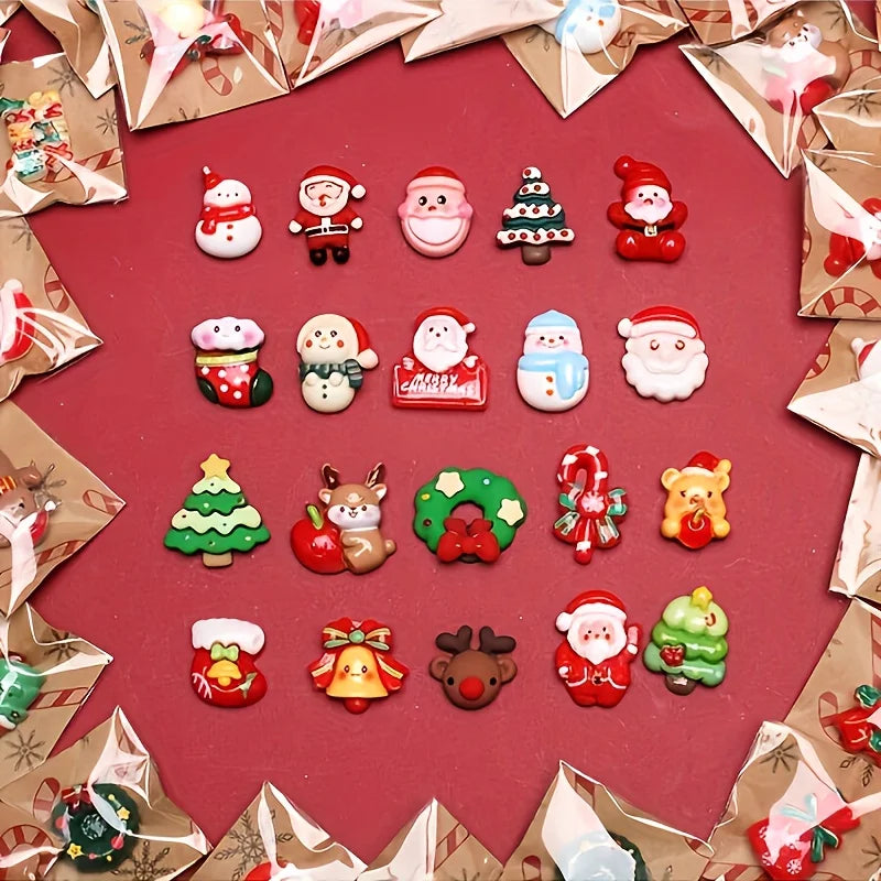 Assorted Christmas resin fridge magnets featuring Santa, snowman, and tree designs on a red background.