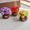 Three hand-crocheted rose flower coasters in purple, red, and yellow displayed on a white surface.