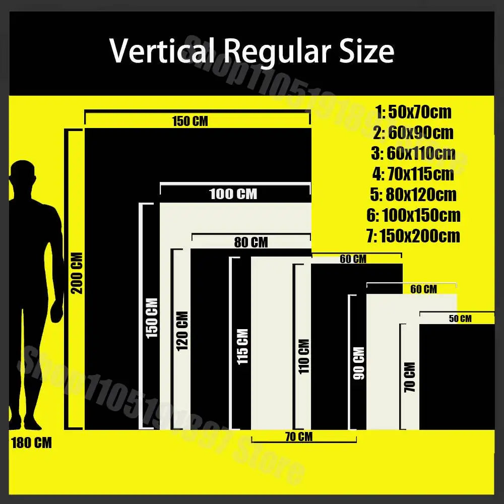 Diagram showing various vertical regular sizes for a banner, ranging from 50 cm to 150 cm.