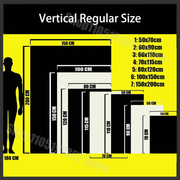 Diagram showing various vertical regular sizes for a banner, ranging from 50 cm to 150 cm.