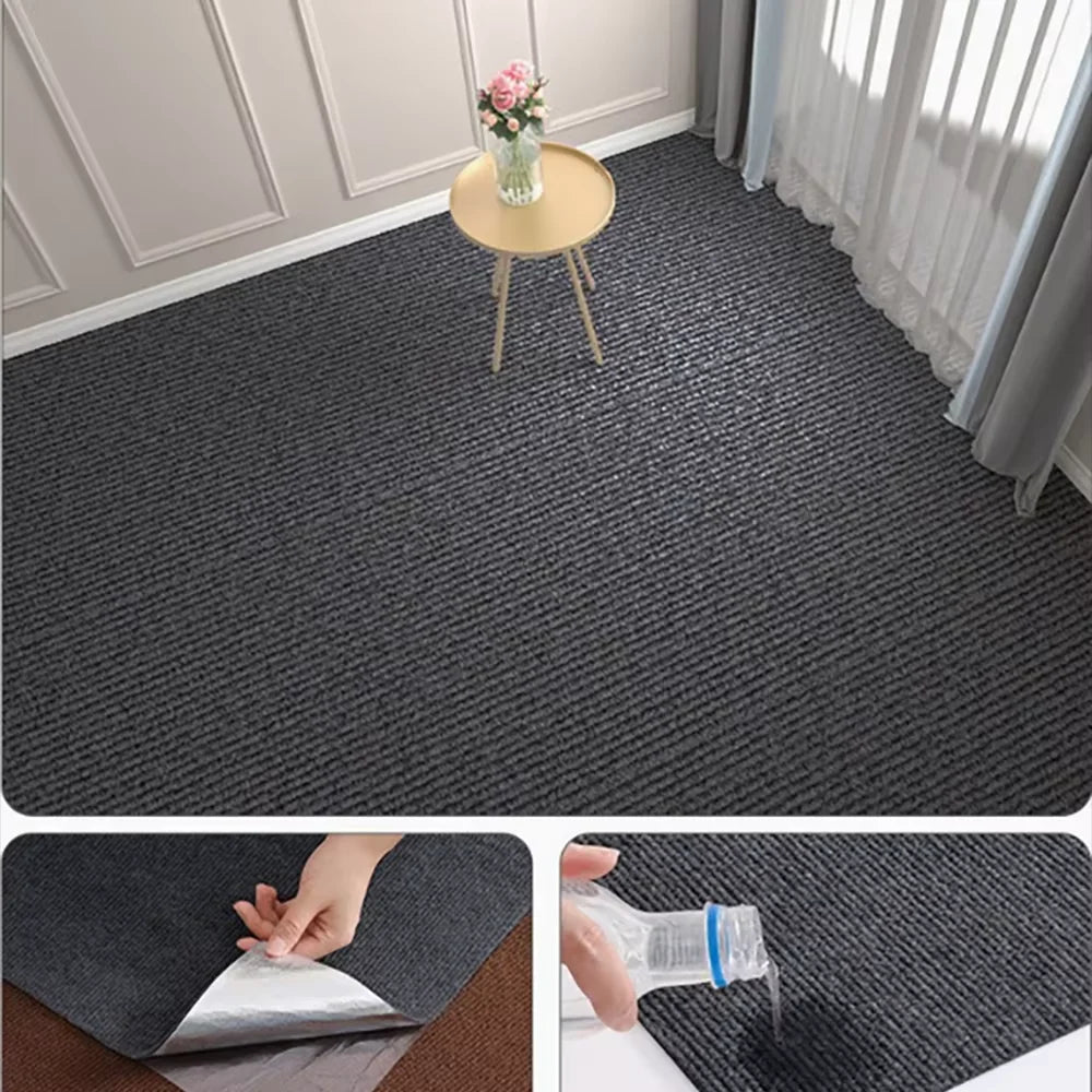 Close-up view of a dark gray self-adhesive runner rug being applied to a wooden floor.