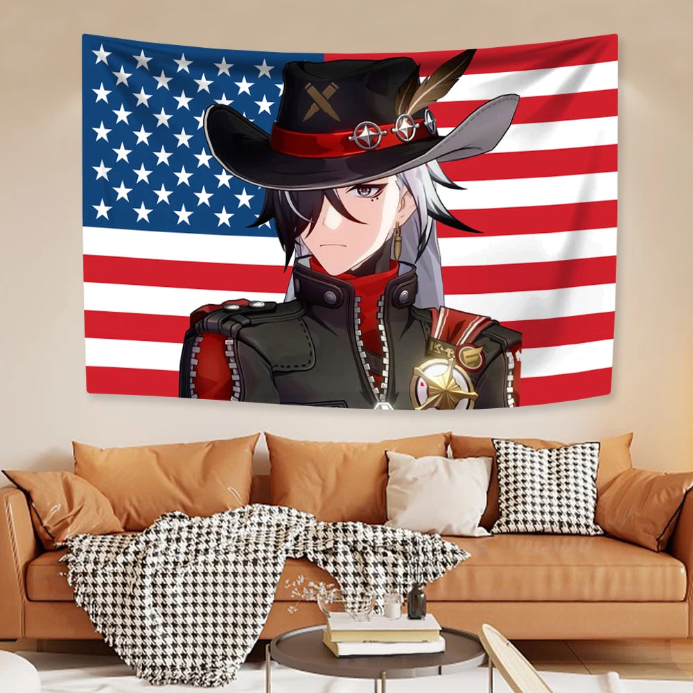 A decorative tapestry wall hanging featuring an anime-style character in a military uniform against an American flag backgrou