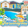 Colorful icons of Florianopolis including a church, beach, palm tree, and tropical items on a fridge magnet