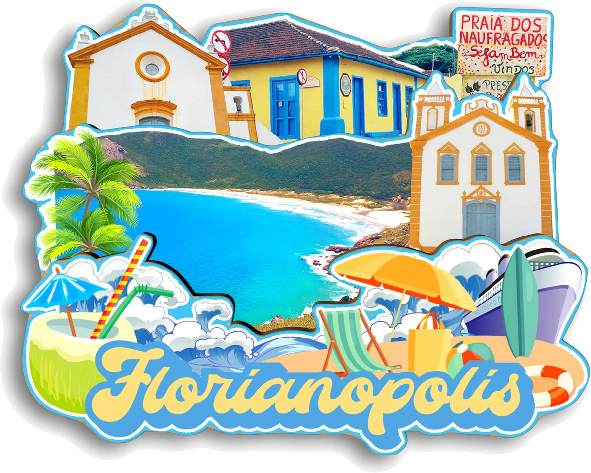 Colorful icons of Florianopolis including a church, beach, palm tree, and tropical items on a fridge magnet