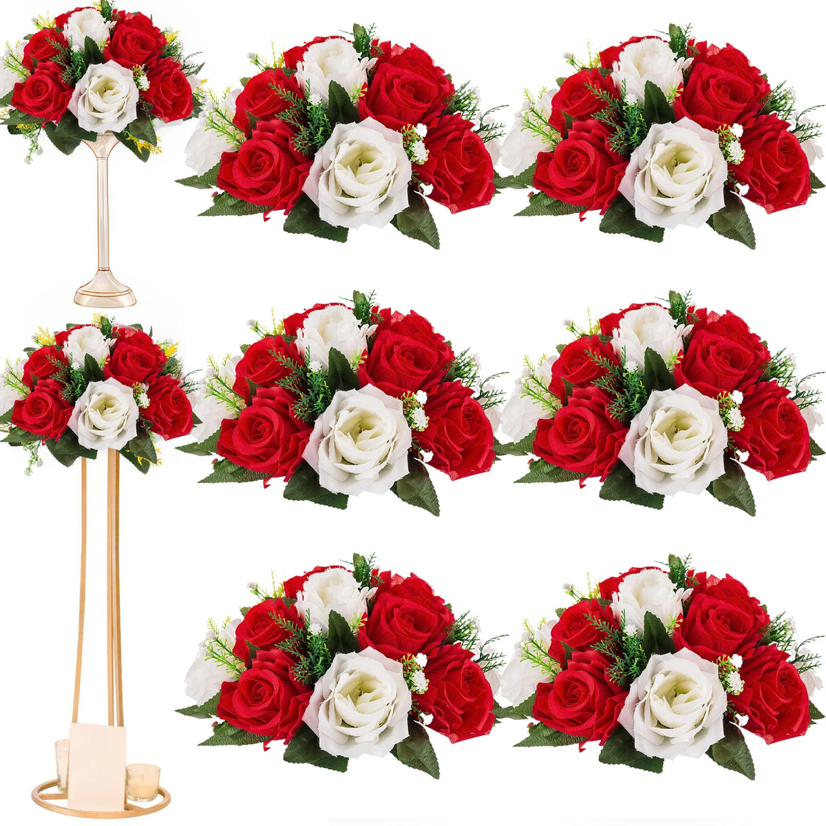 A set of six red and white silk artificial roses arranged in a rose ball centerpiece display.